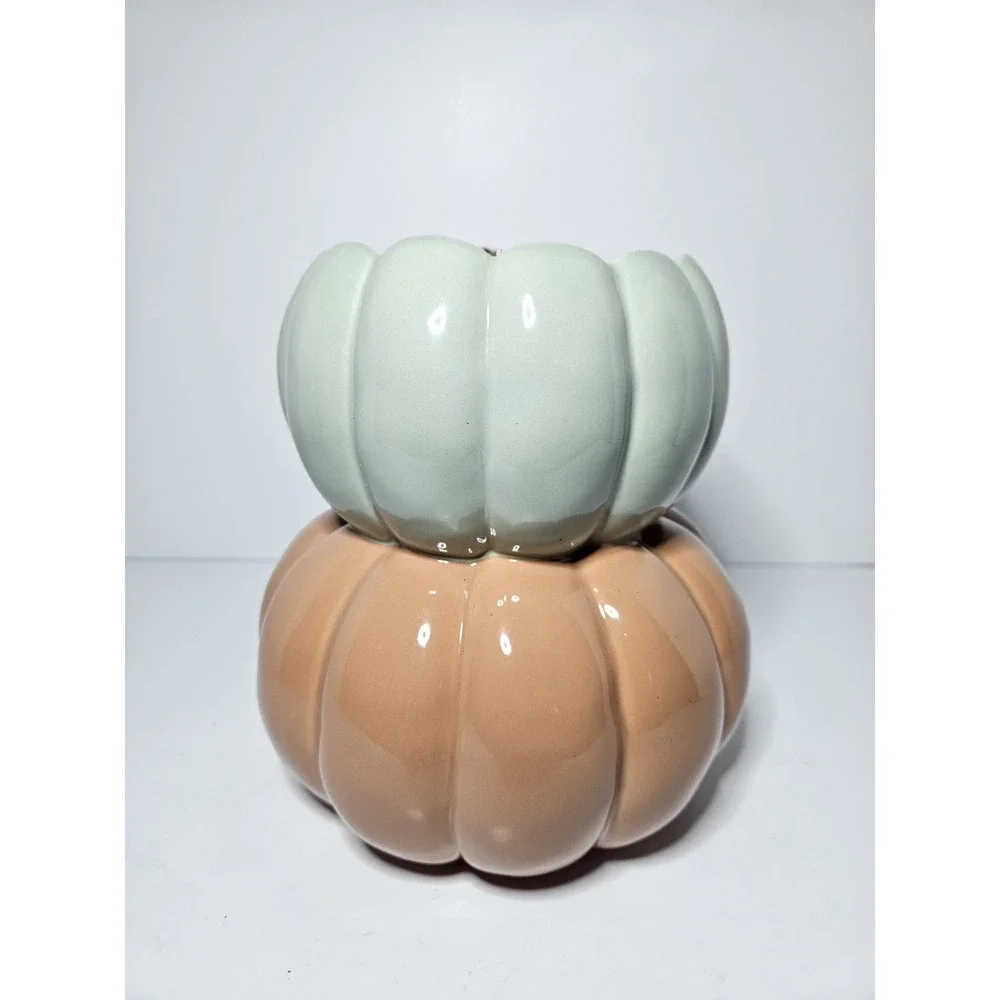 Bath Body Works Stacked Pumpkin 3 Wick Candle Holder Ceramic Gold Leaf Fall 8in